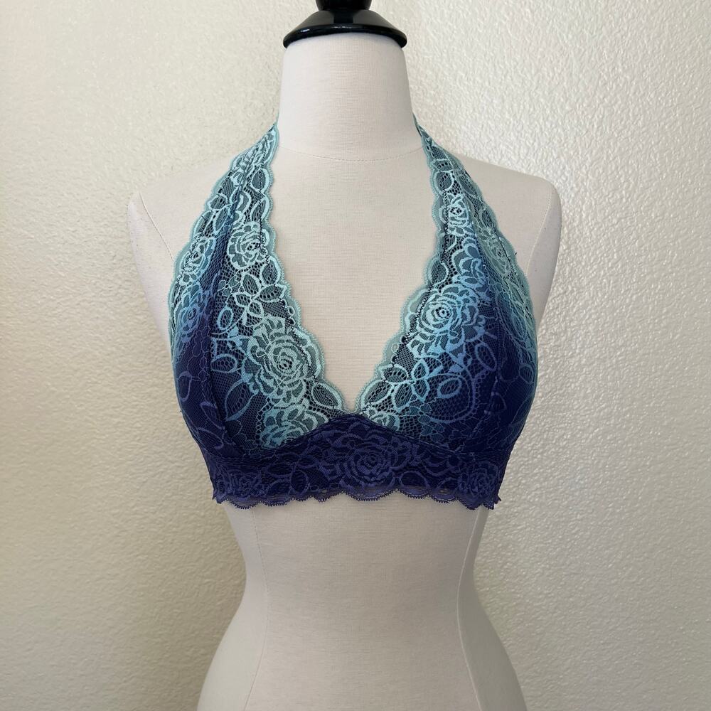Free Press Lace Halter Ombré Soft Bra Bralette Aqua Blue Purple
